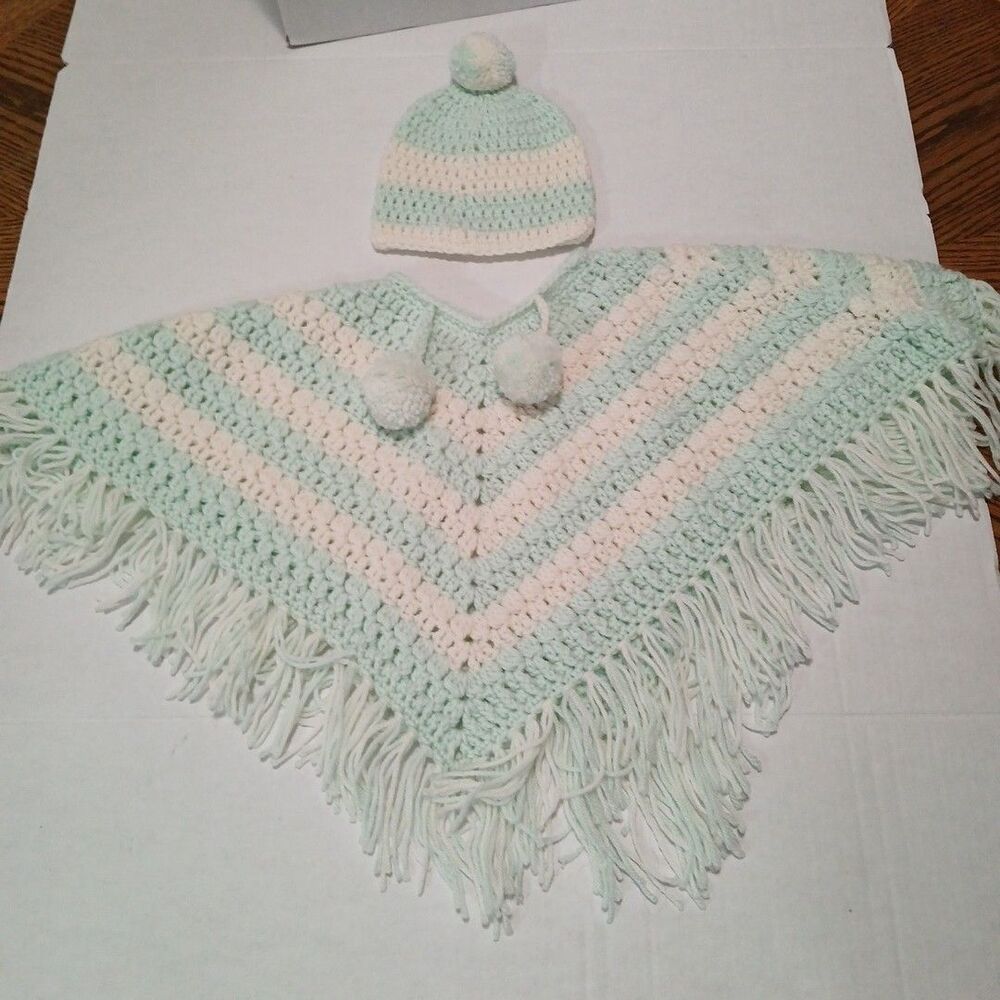 Handmade Crocheted Poncho Hat Set Mint Green White Stripped Spring Summer Vibes